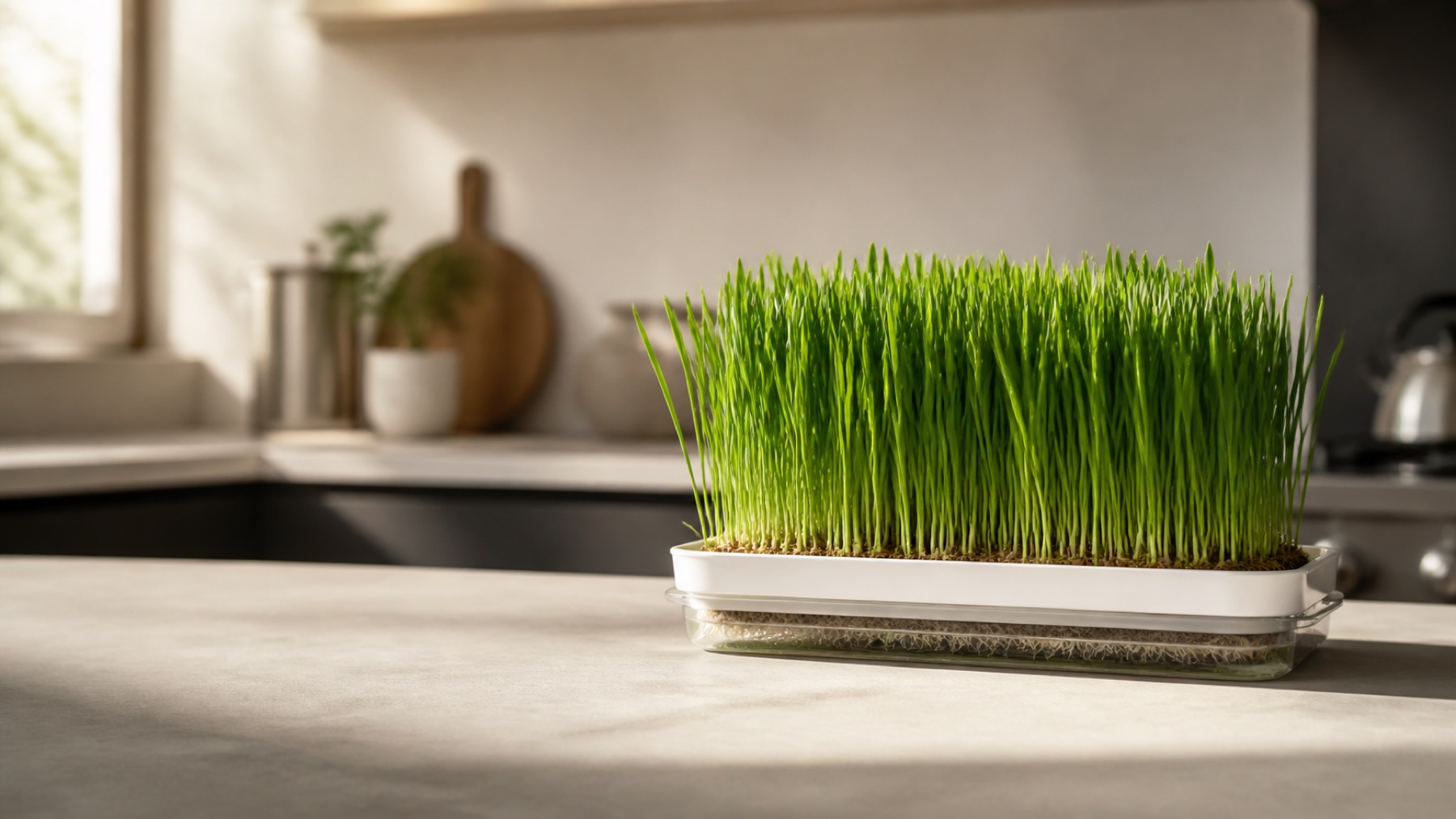 Fresh grass growing in a clear countertop tray